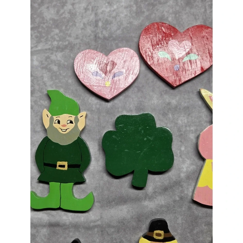 Vintage Lot of 18 Hand Painted Wooden Pieces Holiday Cottagecore Country